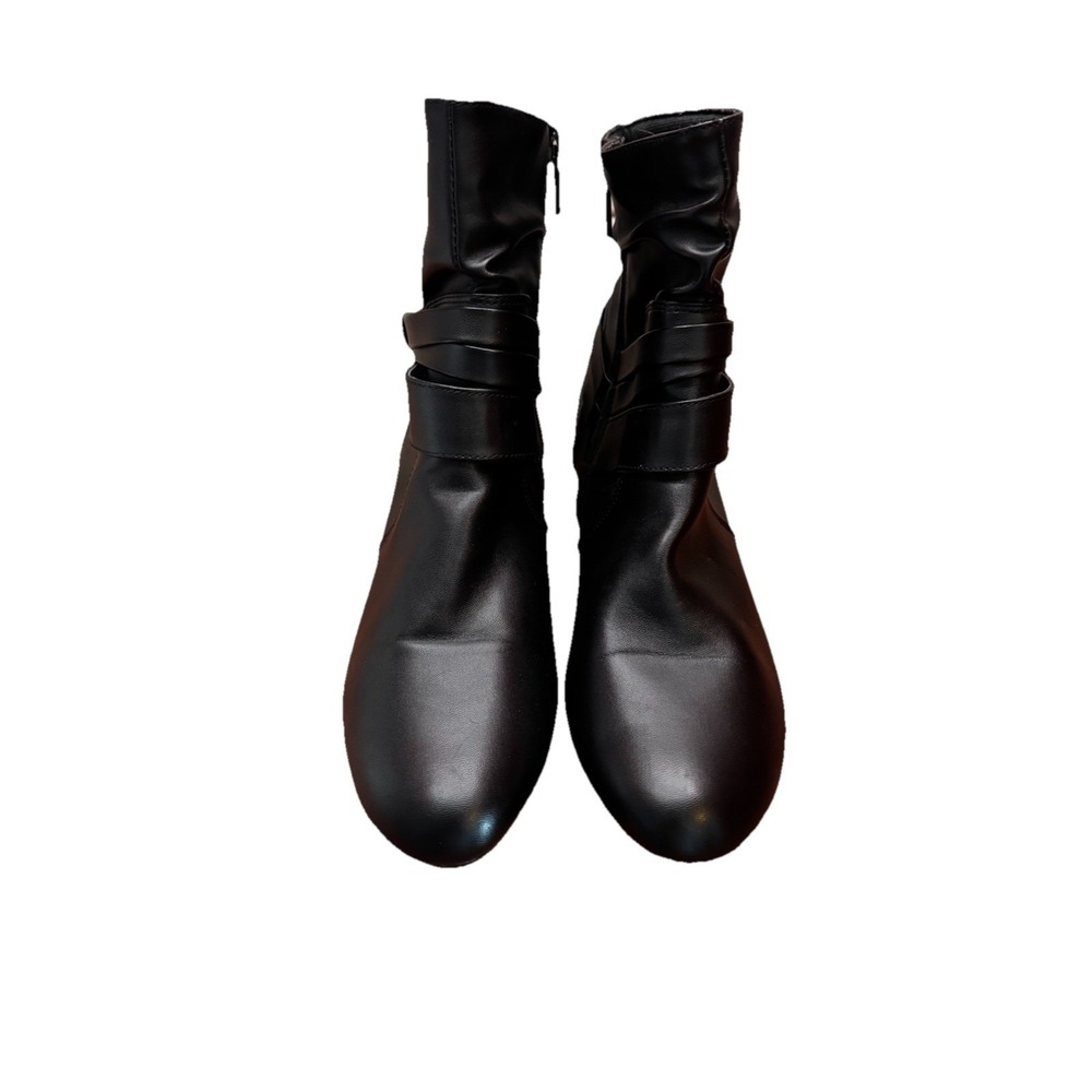Black Ankle Boots with Straps Stacked Heel Rounded Toe Elegant Dress Shoes Sz 11 - Picture 2 of 14